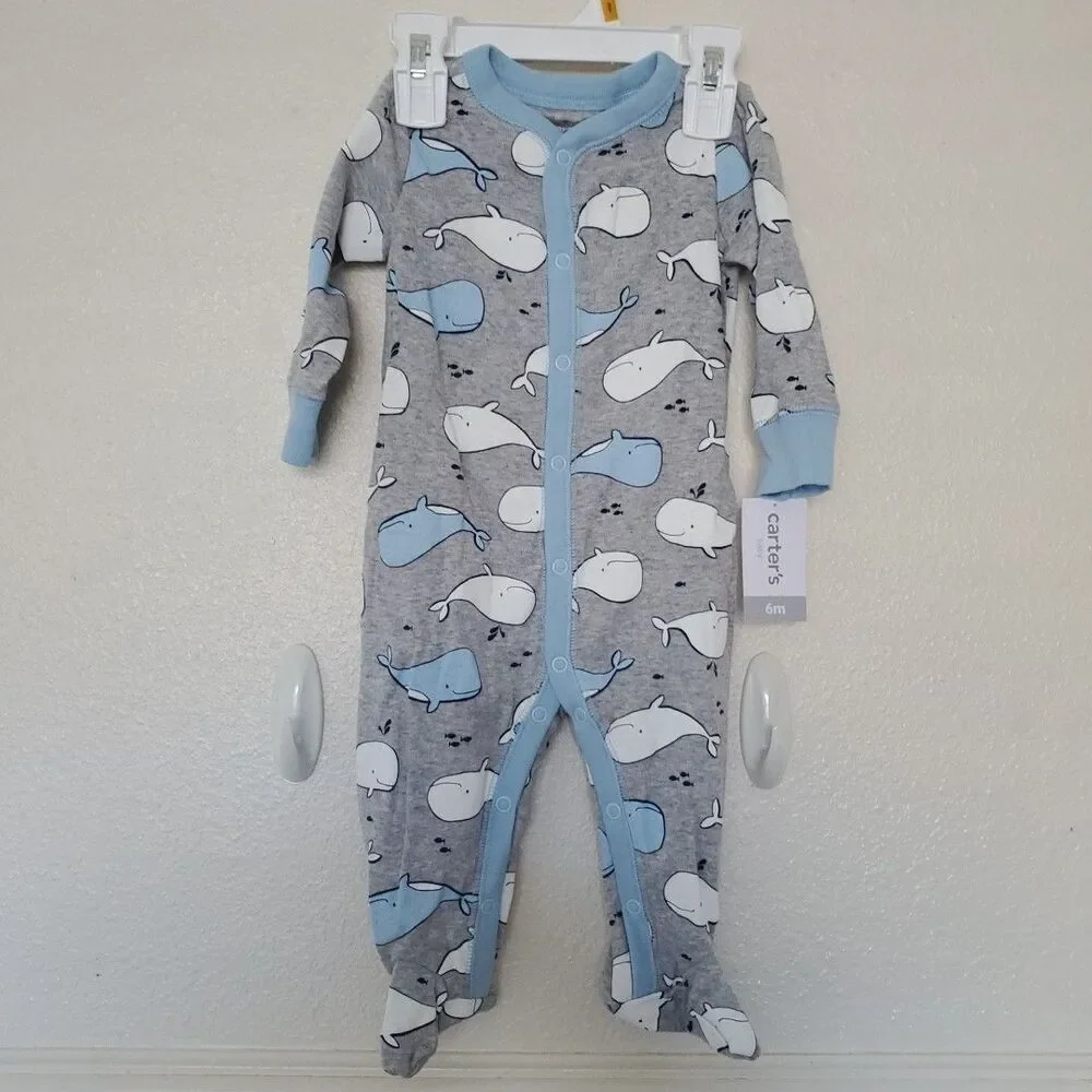 Carters Baby Boy Cute Whale 100% Cotton Long Sleeve Snap-Up Sleep & Play 6M Gray